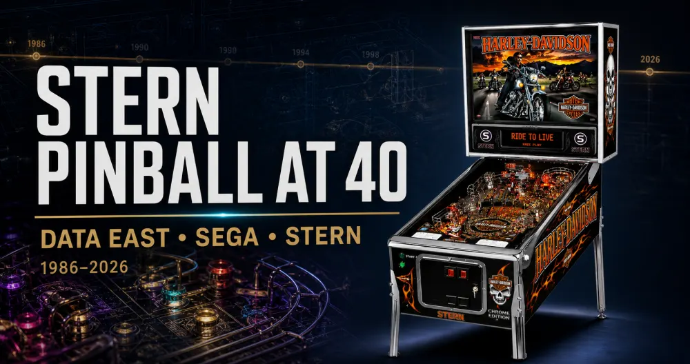 Stern Pinball at 40 editorial timeline banner featuring a Harley-Davidson pinball machine