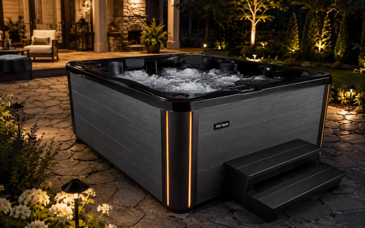 Midnight Biscayne hot tub installed on a stone patio at night with LUMINX corner lighting