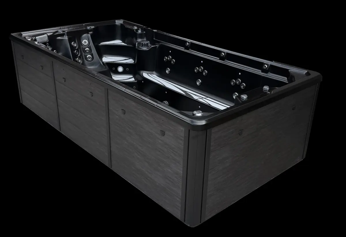 Midnight Splash 15-foot swim spa with Bold Luxurious Black shell and Midnight cabinet