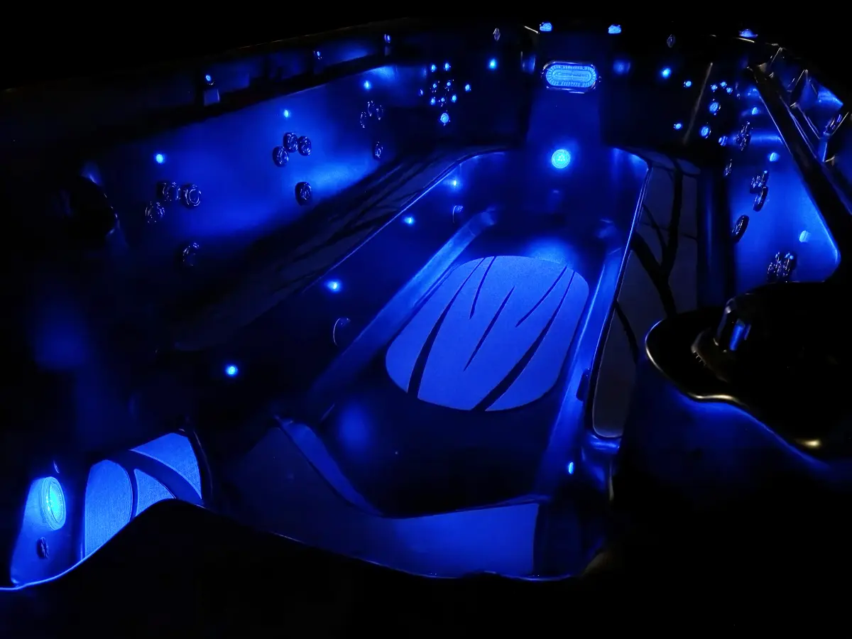 Midnight Splash swim spa interior lit in deep blue
