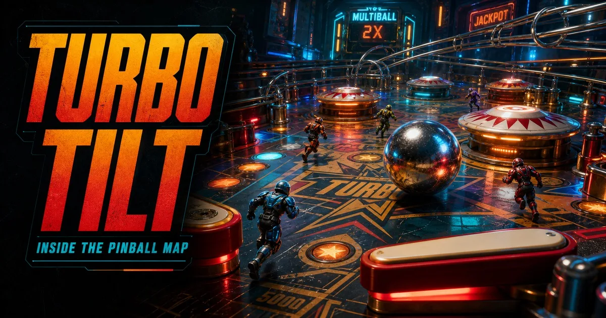 Turbo Tilt editorial illustration showing tiny competitors inside a giant futuristic pinball playfield