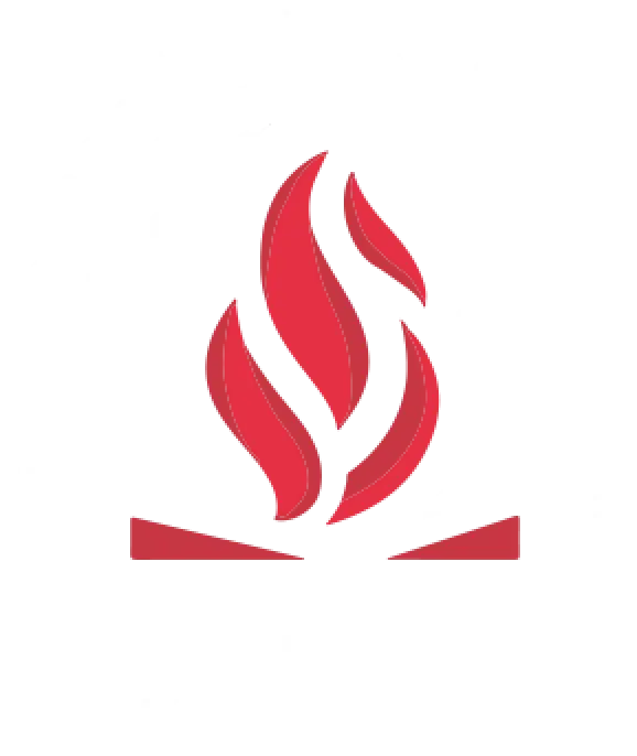 David Smart Fireplace logo with red flame in white fireplace.