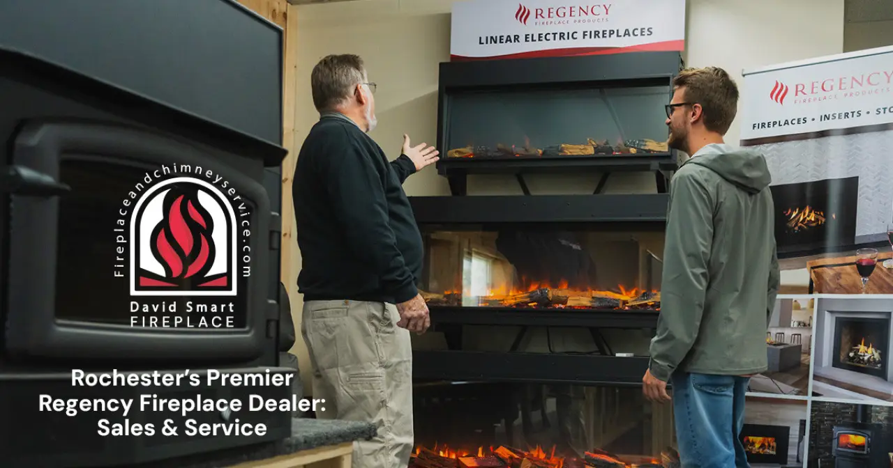 Two men discuss electric fireplaces at a Regency dealer showroom with product displays.