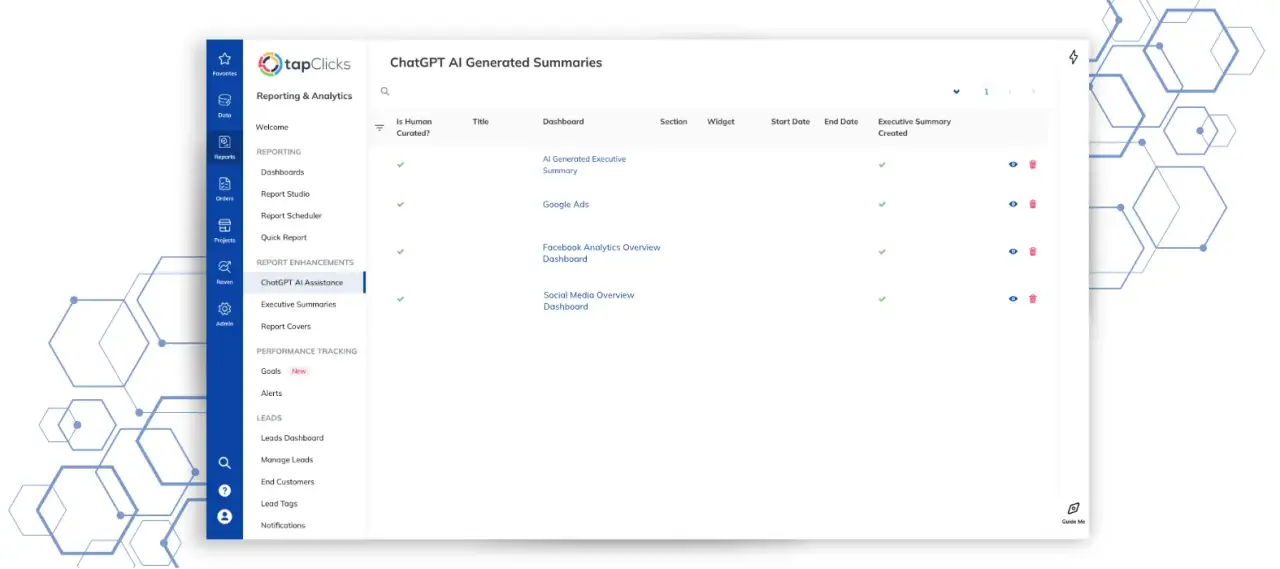 A diagram showing various data sources like Google Ads and Facebook flowing into TapClicks for advanced calculations, resulting in a unified dashboard.