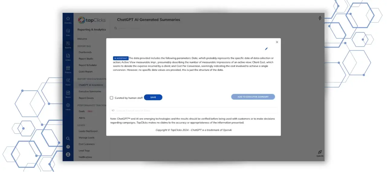 A dashboard view in TapClicks with custom charts and graphs created using flexible formulas.
