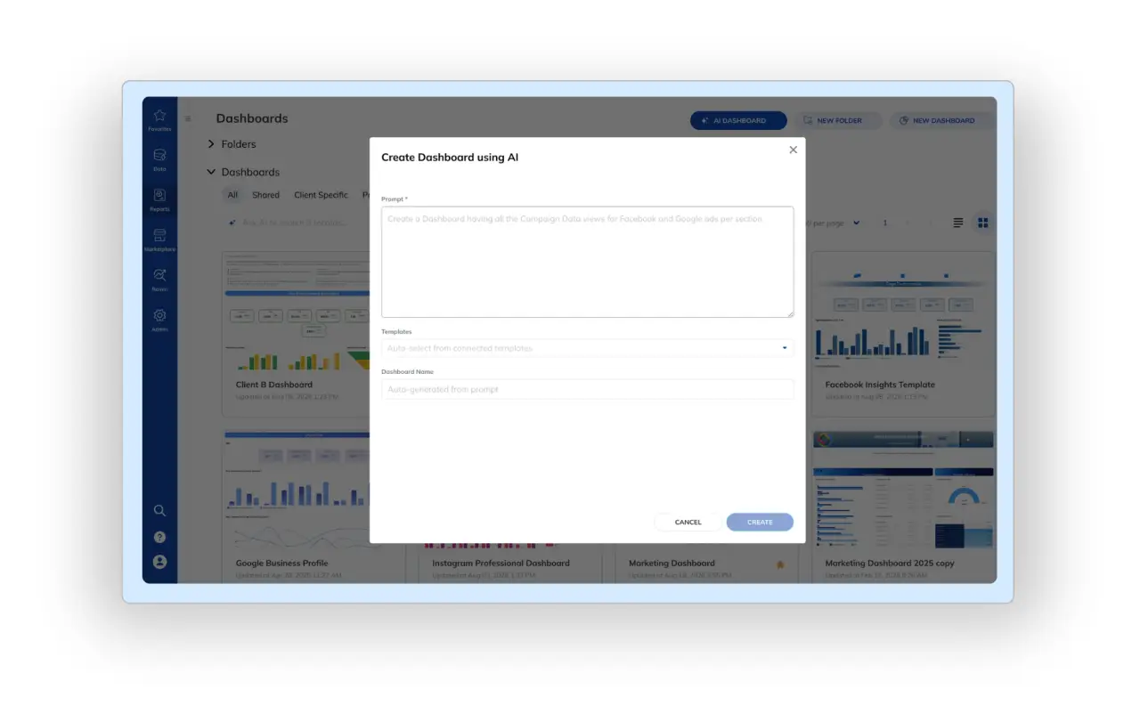 TapClicks AI Dashboard Creation interface showing a natural-language prompt building a structured marketing dashboard