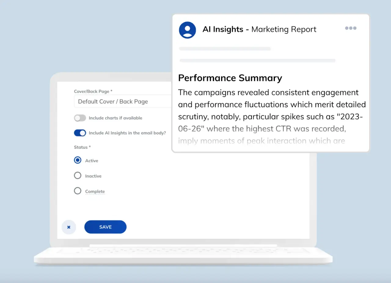 AI insights report showing marketing analytics performance summary on screen.