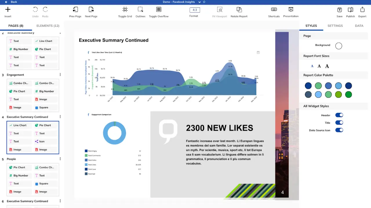 TapClicks Report Studio showing charts and layout tools for building SEO and marketing reports