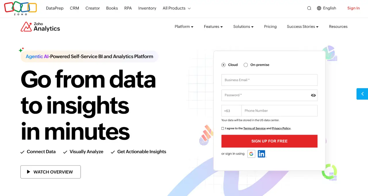 Zoho Analytics web homepage