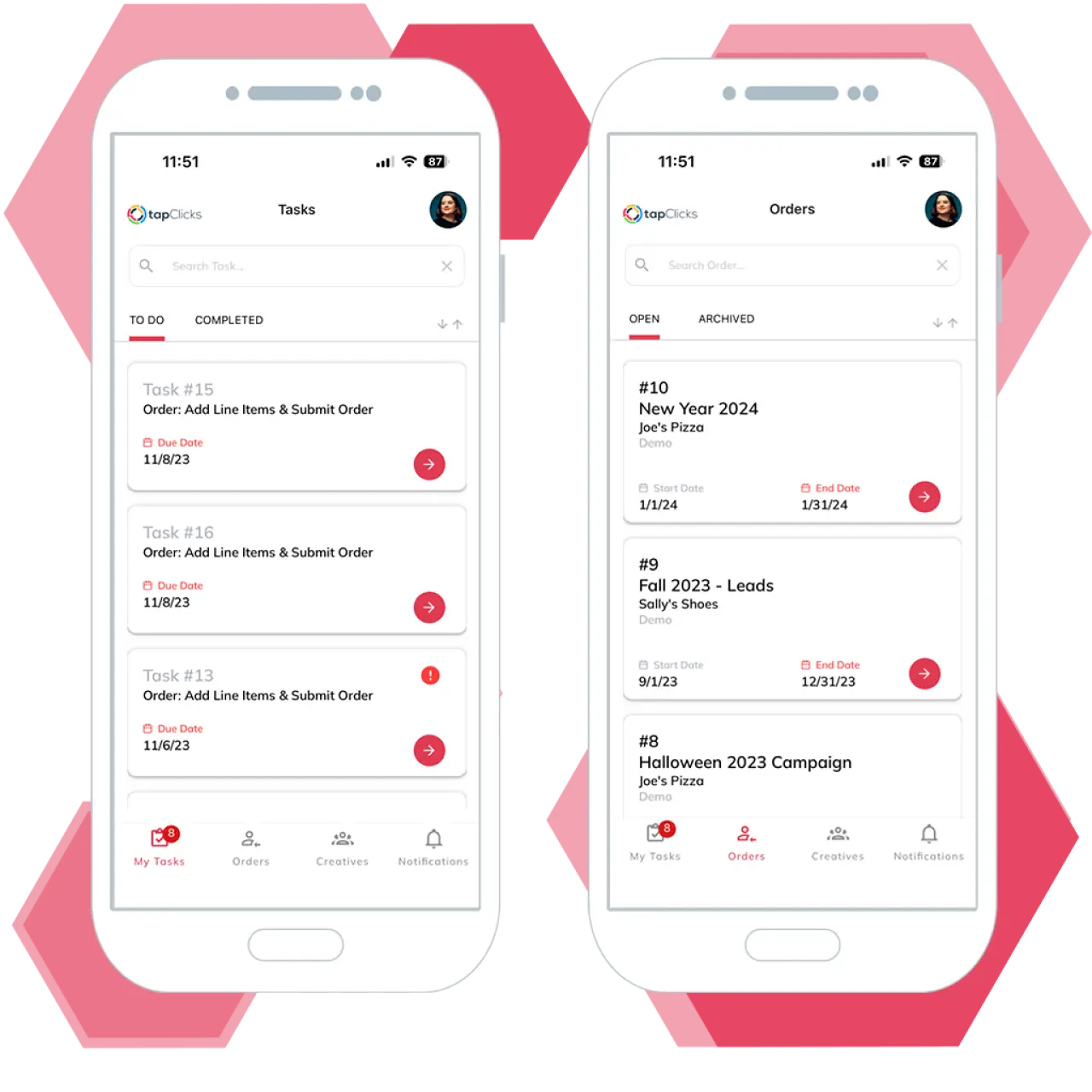 Screen shot of our mobile orders application