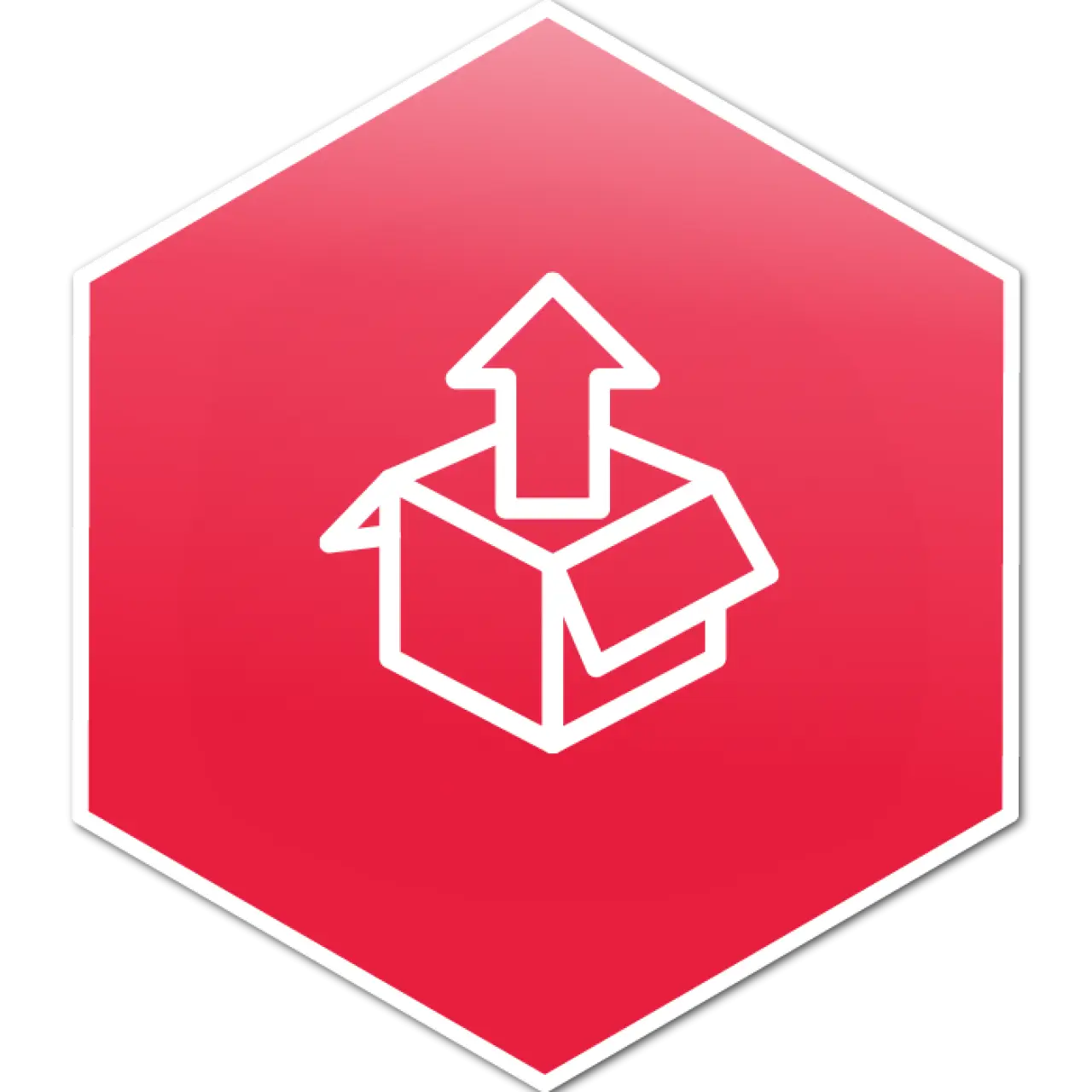 Red hexagon showing the image of a box with an uparrow coming out of the box.