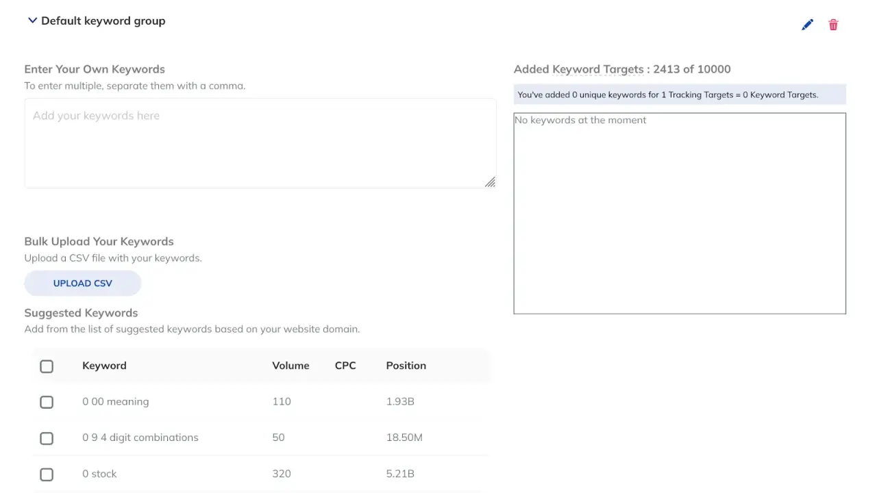 Raven keyword tracking setup with fields to enter keywords, bulk upload CSV, and suggested keyword list.