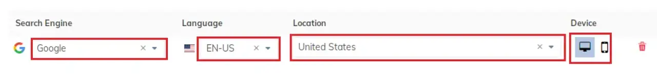 Search engine ranking setup with Google selected, language set to EN-US, location United States, and desktop or mobile device options.