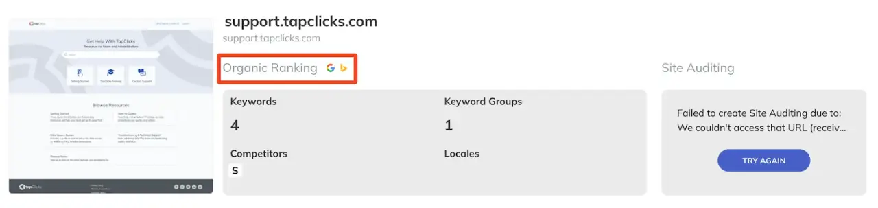 TapClicks Raven dashboard showing the Organic Ranking option with keyword count, competitor data, and site auditing status.