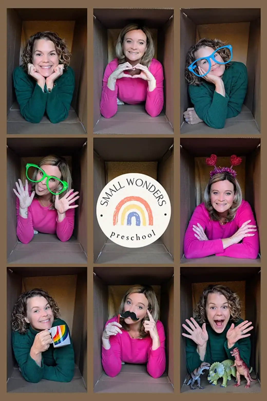 Person posing with playful expressions and props in a grid format. "Small Wonders Preschool" logo.