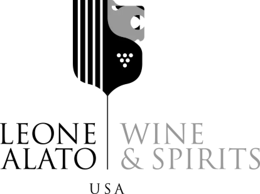 logo of Leone Alato Wine & Spirits featuring stylized grape and leaf design text in black and gray