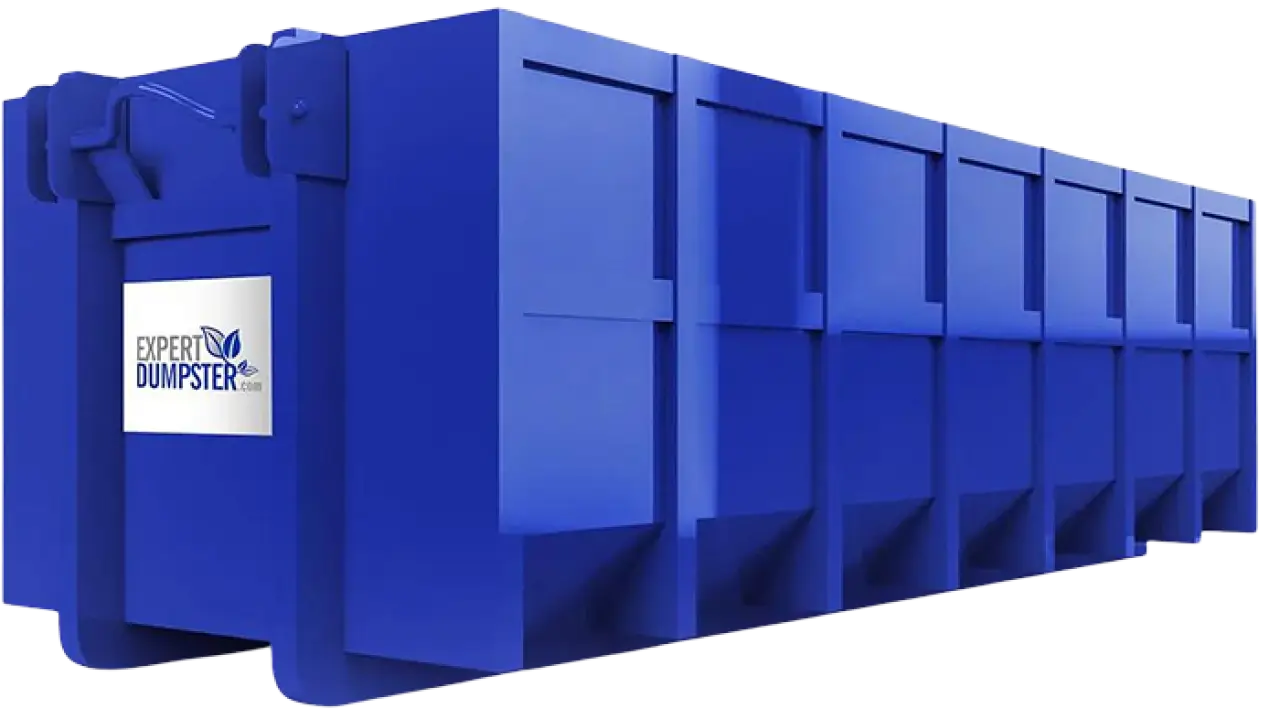 large blue dumpster container with expert dumpster logo on the side