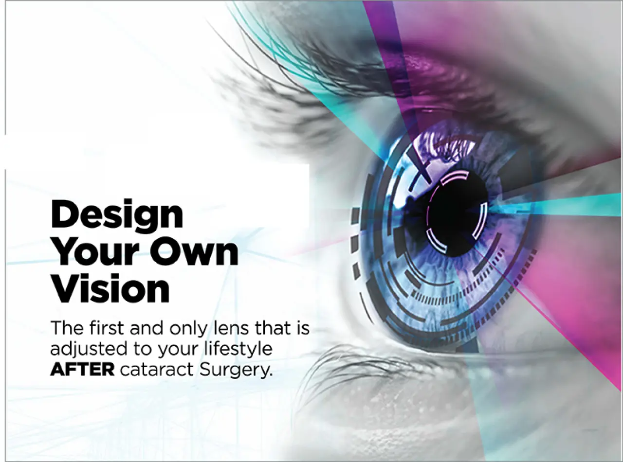 Close-up of a digital, abstract eye with text about vision correction after cataract surgery.
