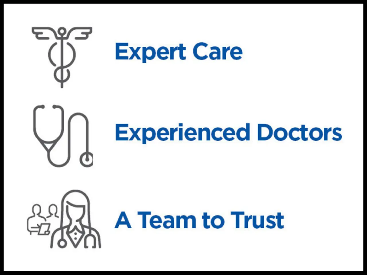 Medical icons with blue text: Expert Care, Experienced Doctors, A Team to Trust.