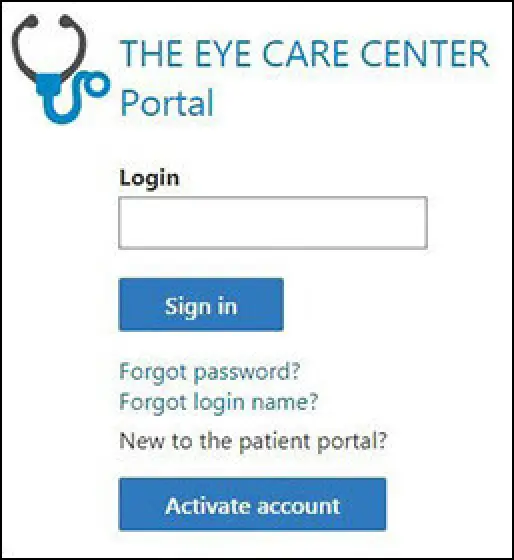 Login page for The Eye Care Center Portal with sign in and account activation options.