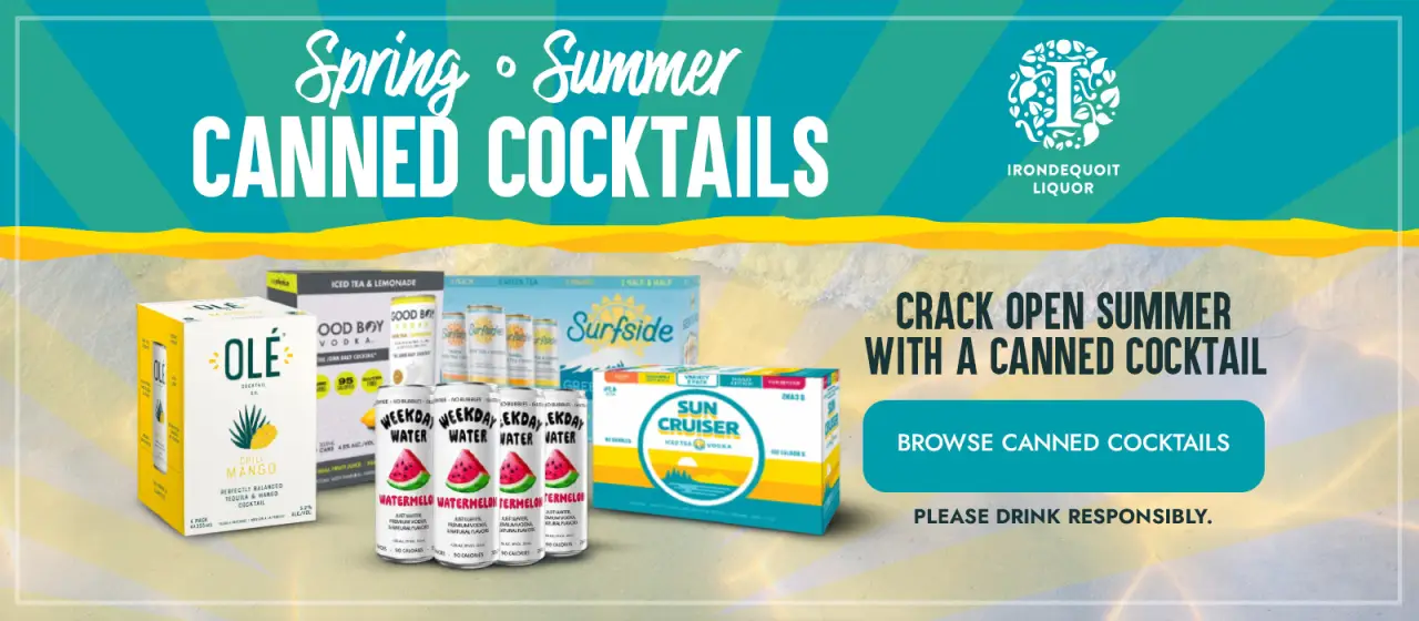 Spring and summer canned cocktails display with product boxes and Browse Canned Cocktails button.