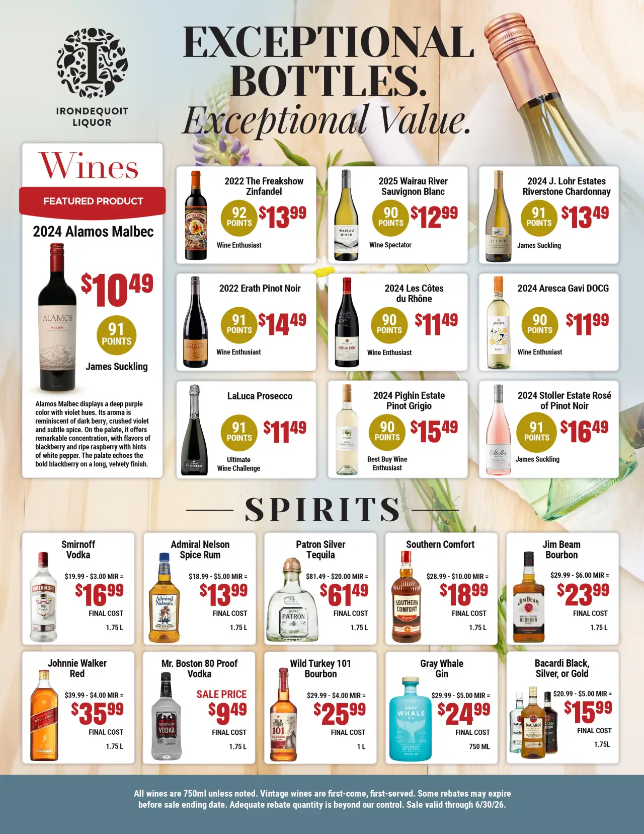 Wines and spirits sale with prices and product images.