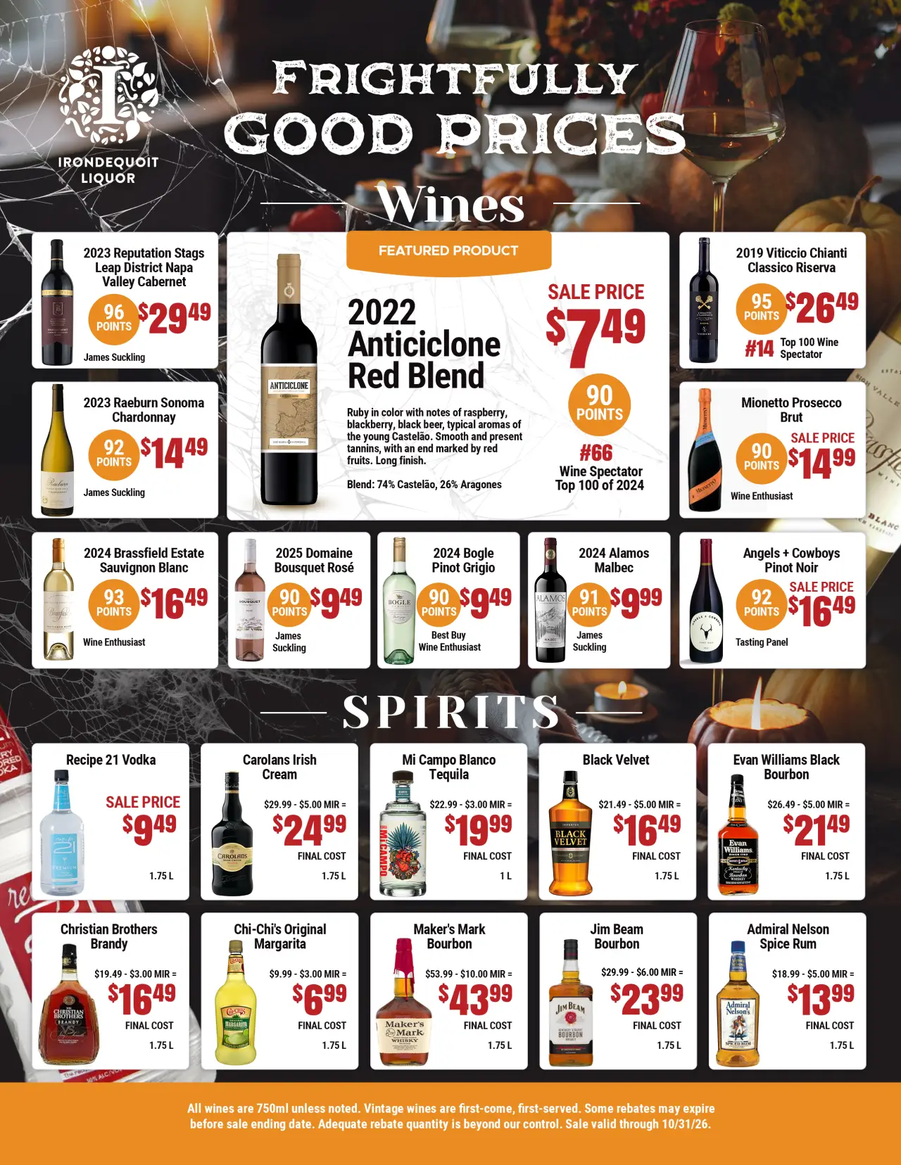 Irondequoit Liquor sale flyer listing various wines and spirits with prices and ratings.