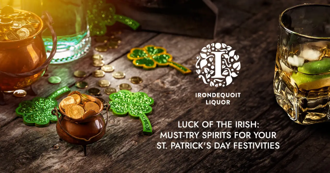 glass of liquor on table with saint patricks day decorations