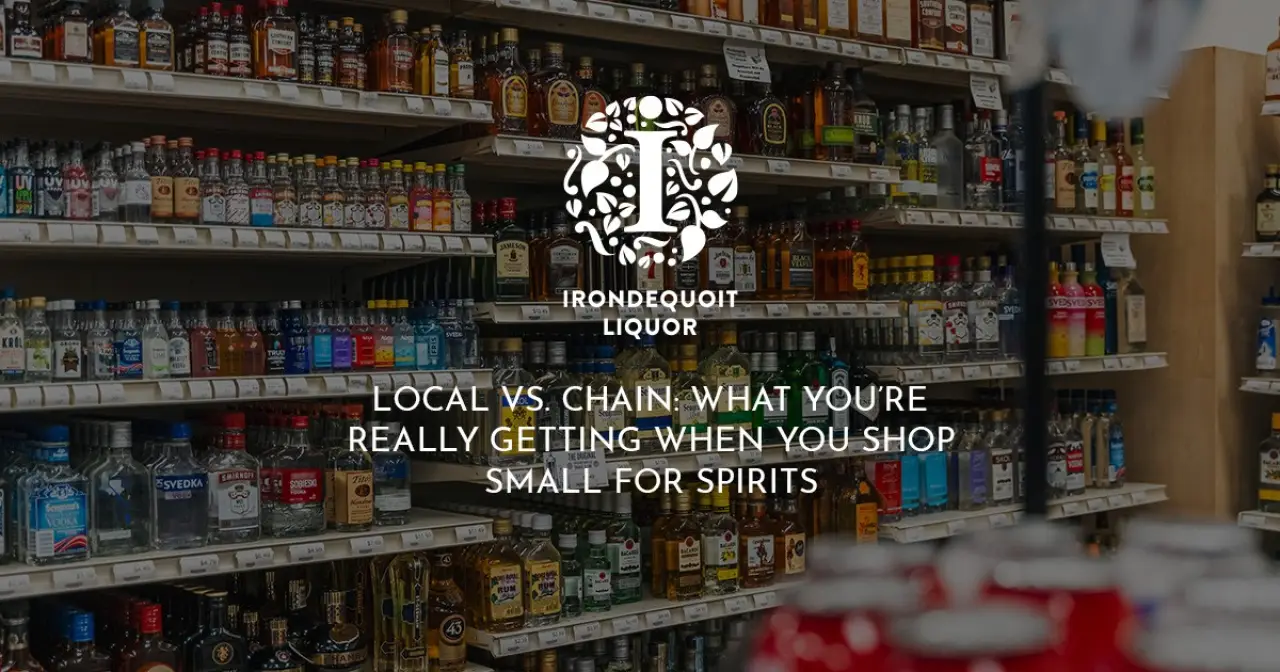 Liquor store shelves filled with various bottles; text reads “Local vs. Chain” and store logo.