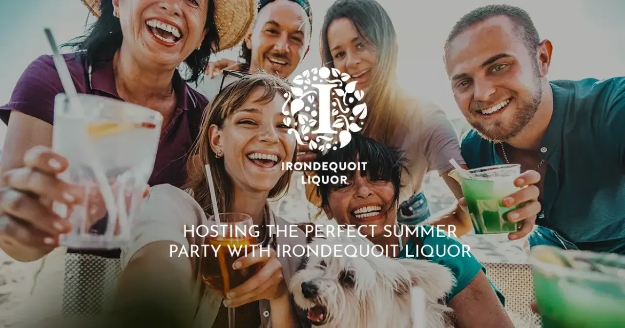 Six people smiling and holding drinks outdoors, promoting Irondequoit Liquor summer party.