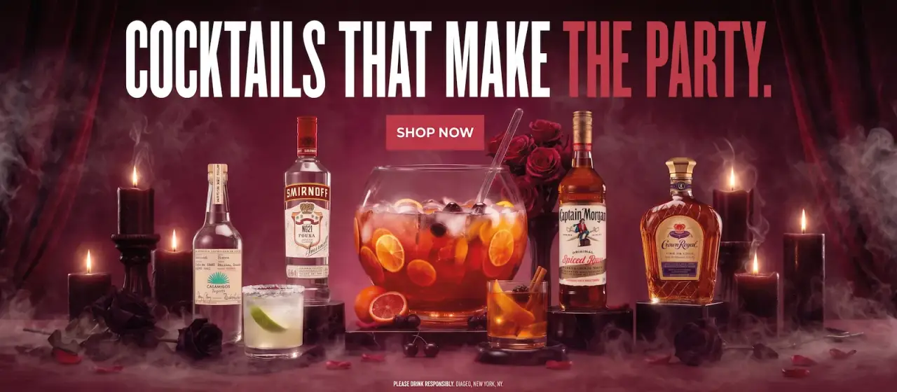 Cocktails that make the party. Bottles of liquor, a punch bowl, and glasses with shop now link.