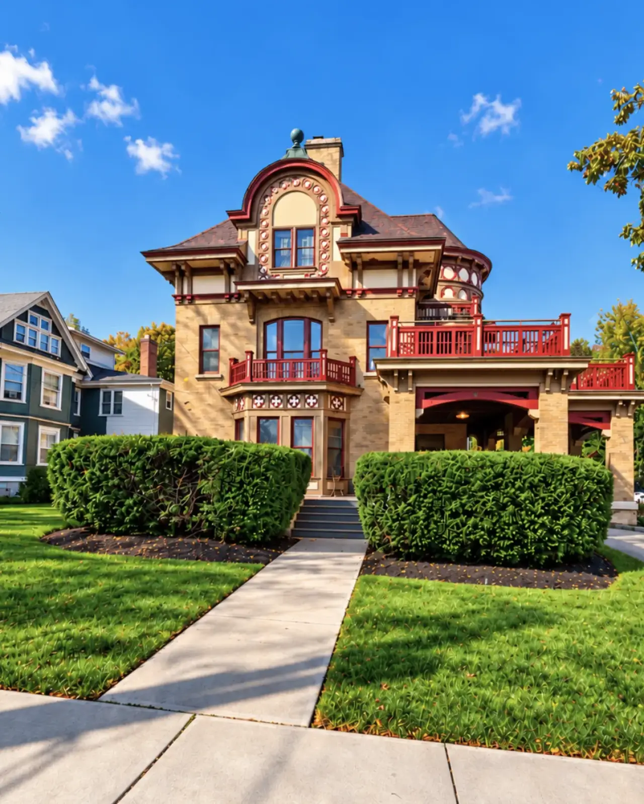 Ornate tan Victorian house with red trim, balconies, and a manicured hedge in front.