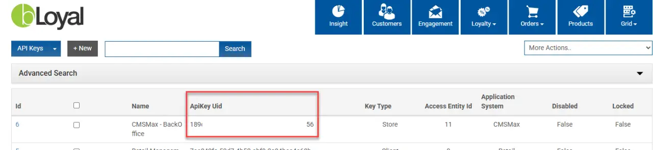 API Keys grid in bLoyal Director showing CMS Max key