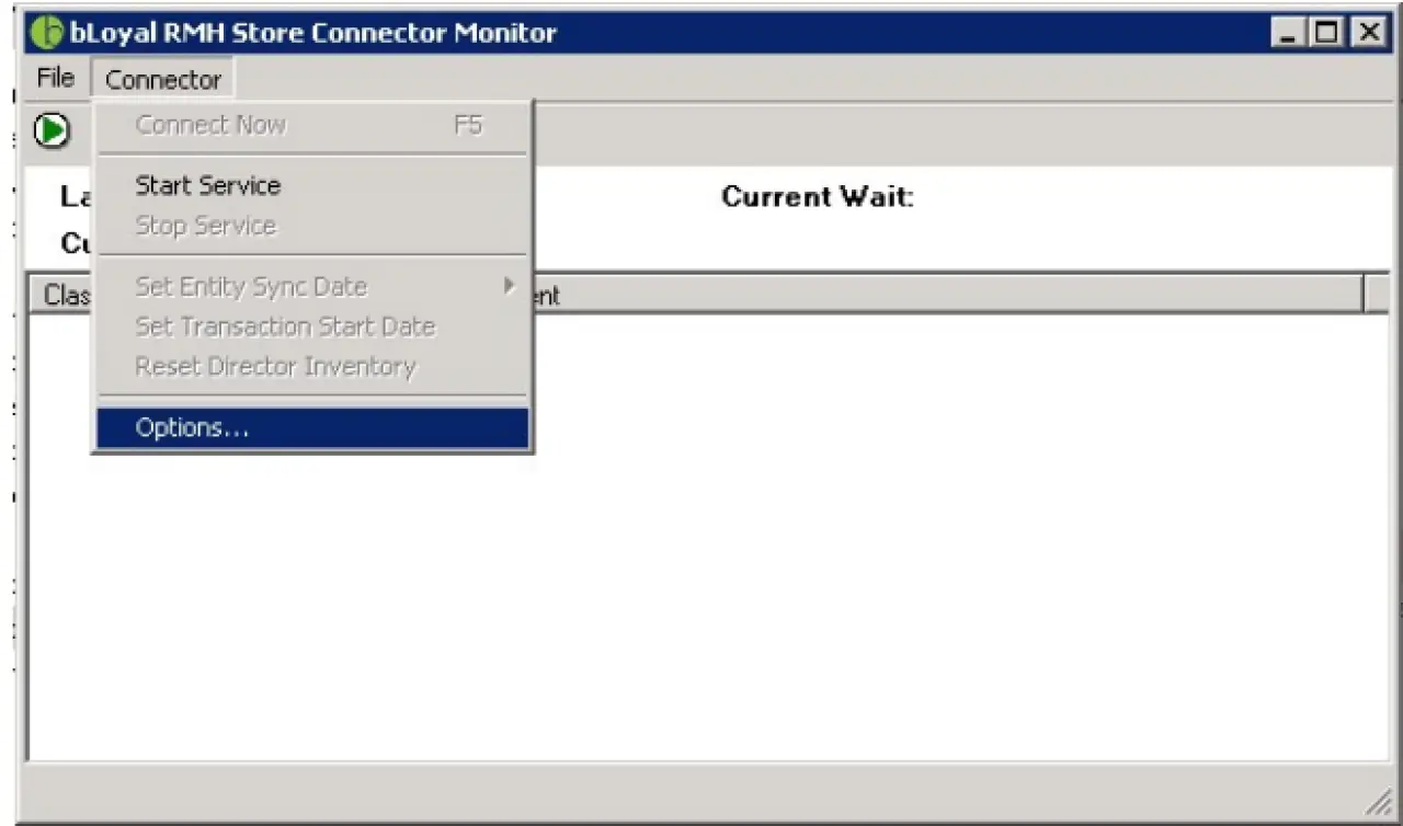 Connector Options menu in RMH Store Connector Monitor