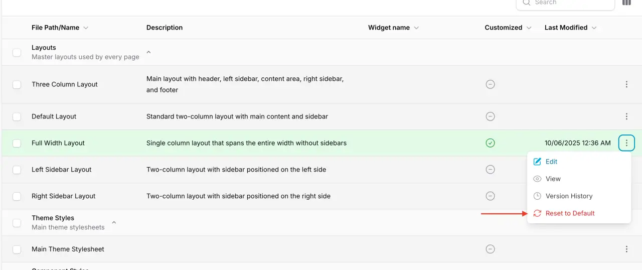 Screenshot showing how to reset theme file to default