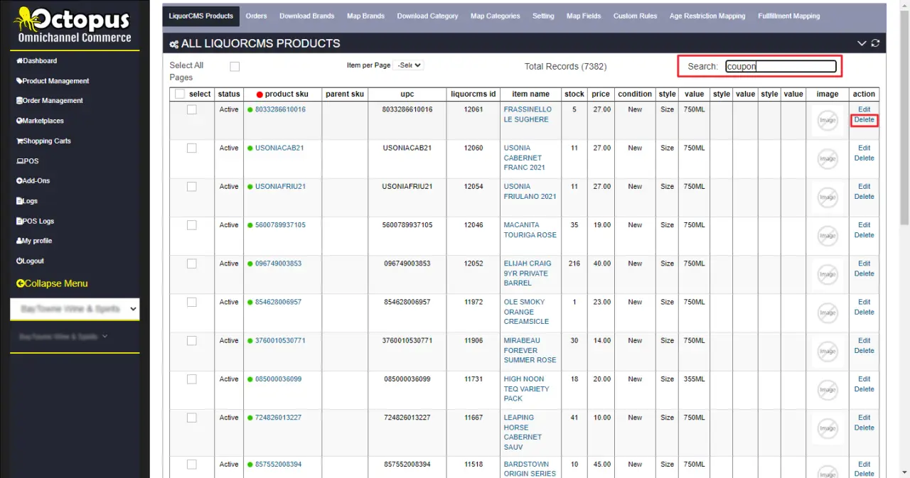 Octopus Bridge product delete button in CMS Max feed