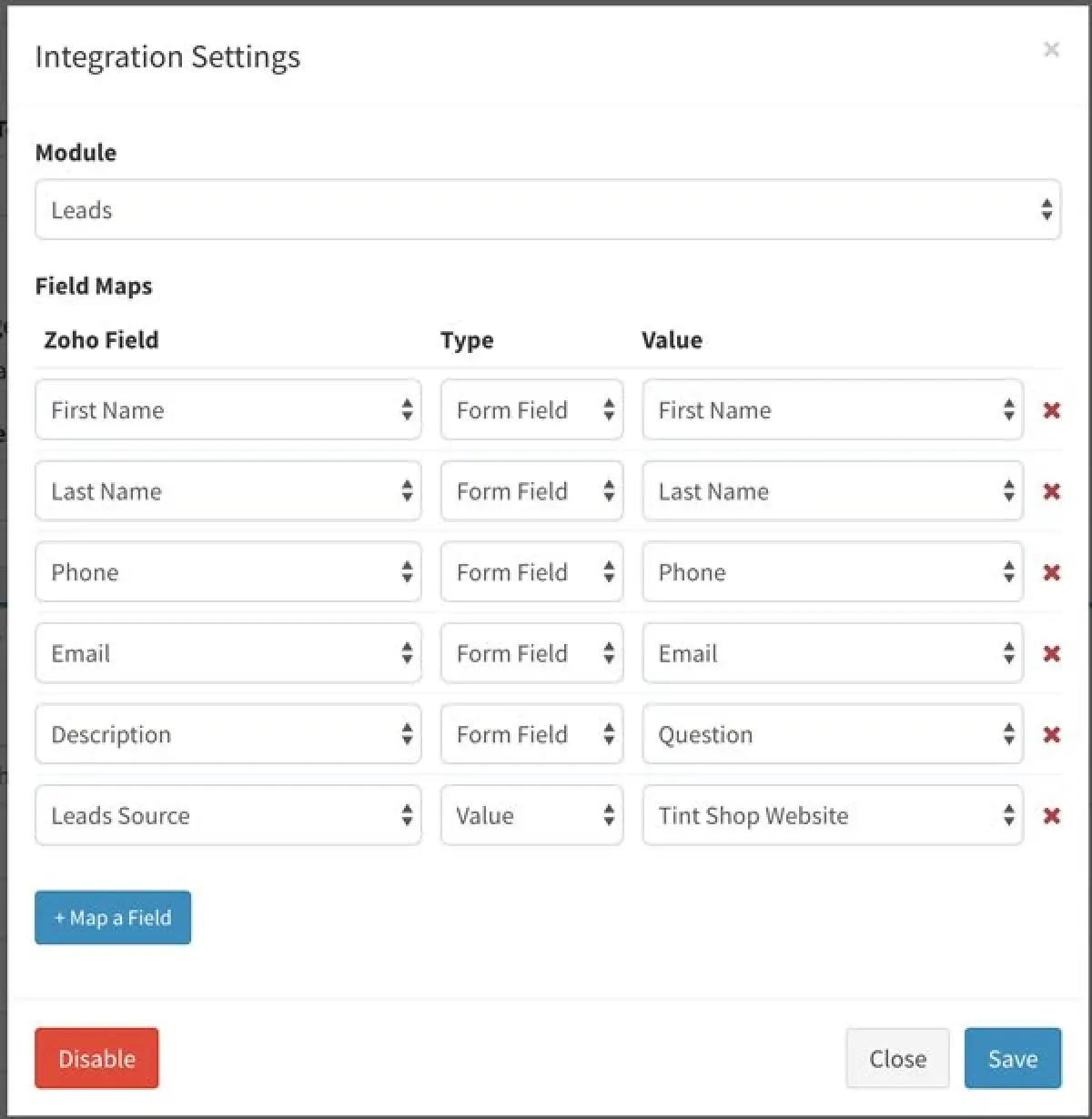Zoho Integration Settings