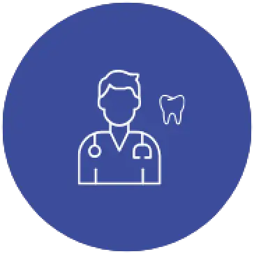 White outline of a dentist and a tooth on a blue circular background.
