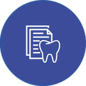 White tooth and documents icon on a blue circular background.