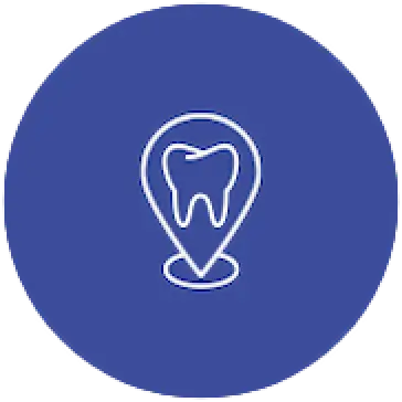 White tooth inside a location pin icon on a blue circular background.