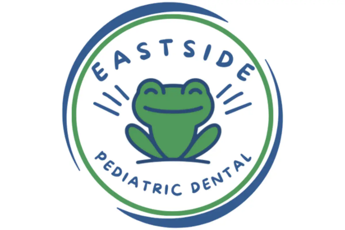 A smiling green frog with text reading Eastside Pediatric Dental in a circular logo.