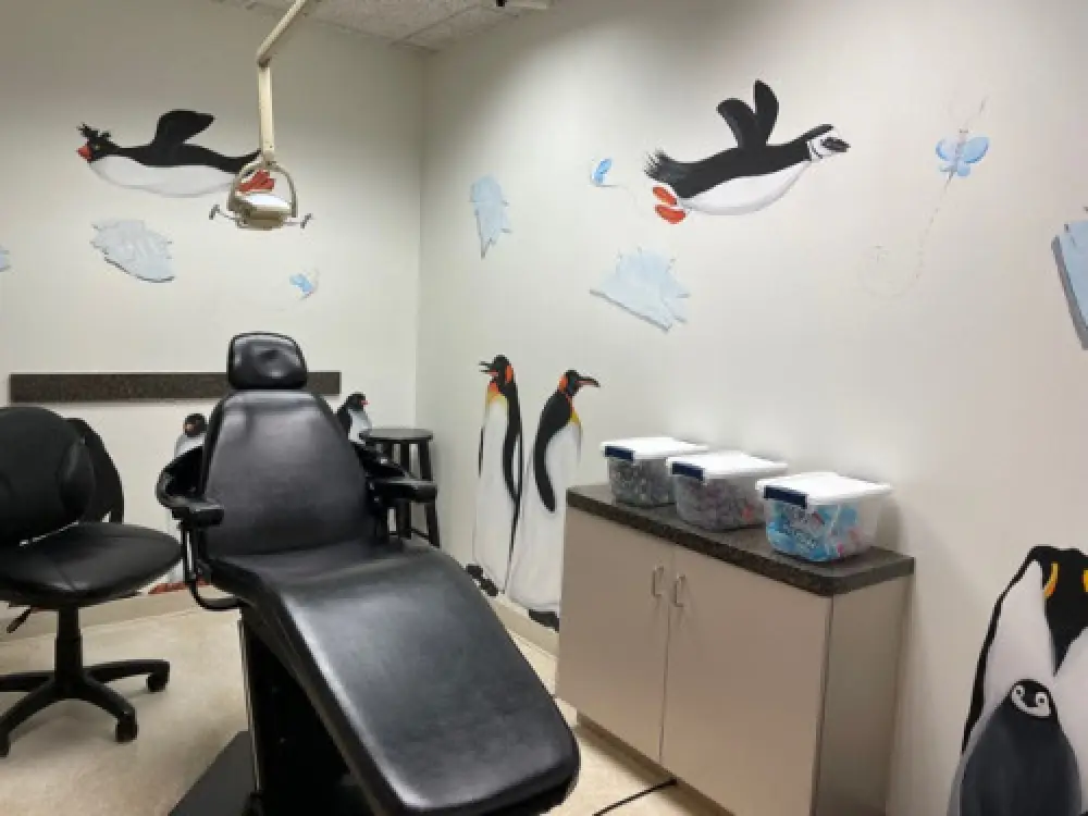 A pediatric dental office with blacks chairs and penguin designs on the walls.