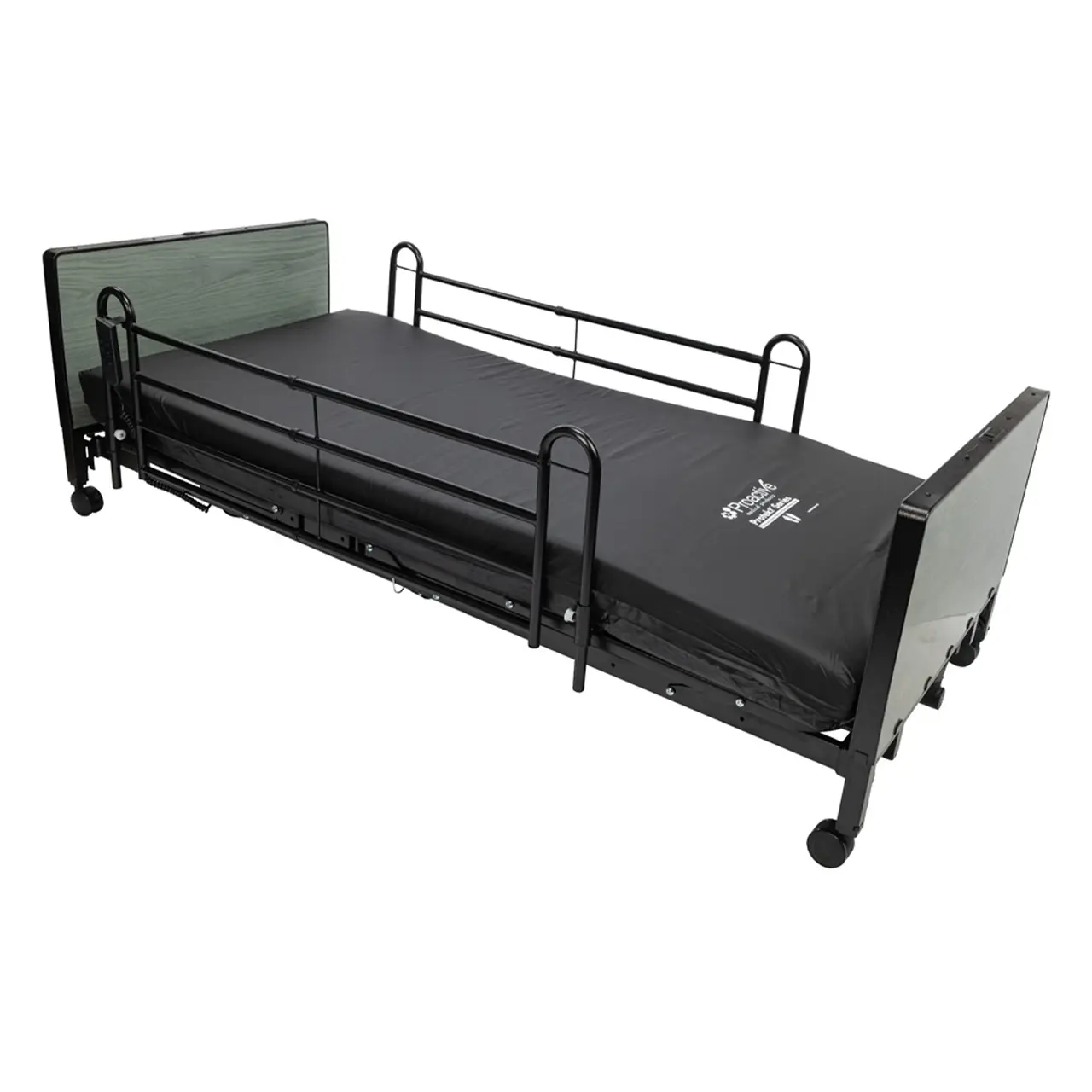 Proactive medical bed with side rails, black mattress, and casters.