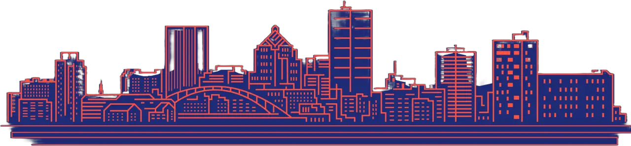 Illustrated Rochester skyline with downtown buildings and an arched bridge.