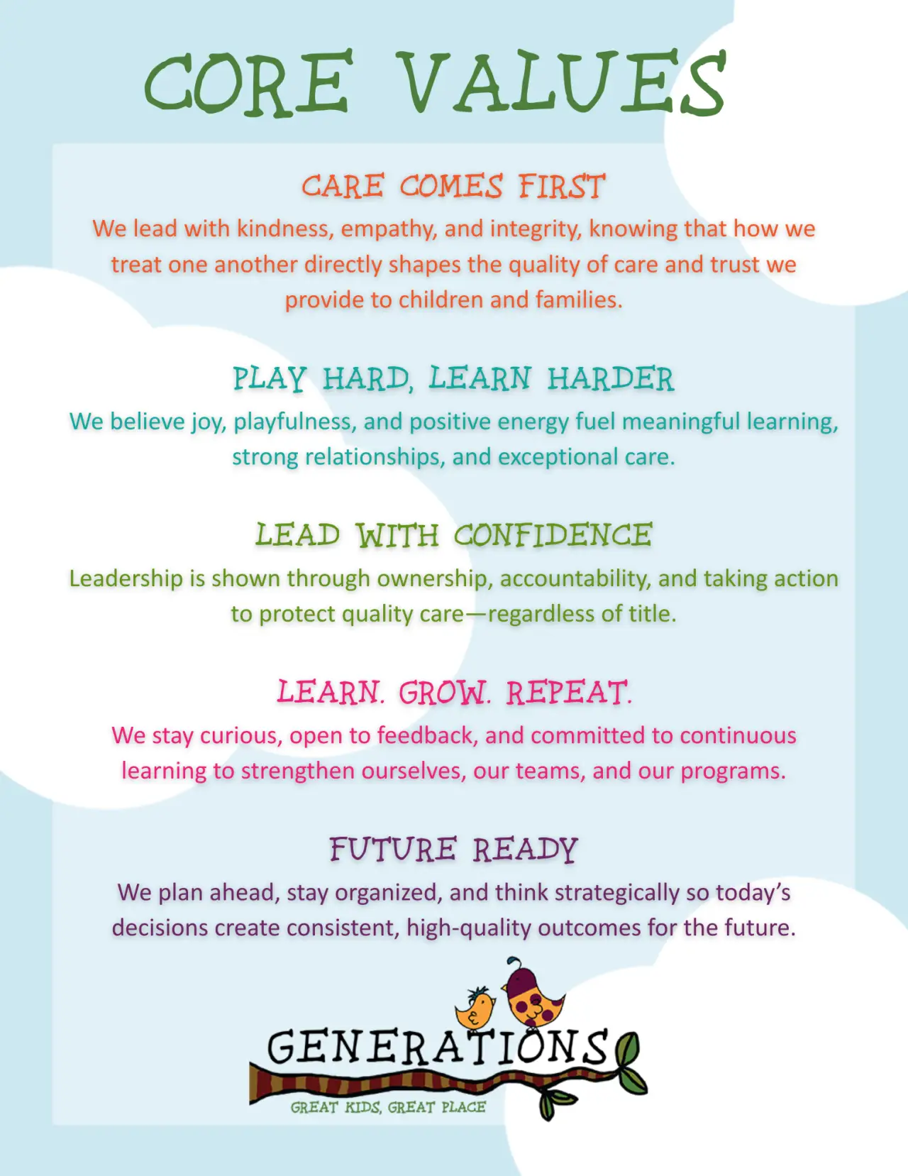 Core values list with descriptions for Professionalism, Accountability, Trust, Excellence, and Fun.