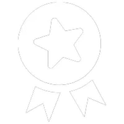 White award ribbon icon with a star cutout in the center and two tails at the bottom.