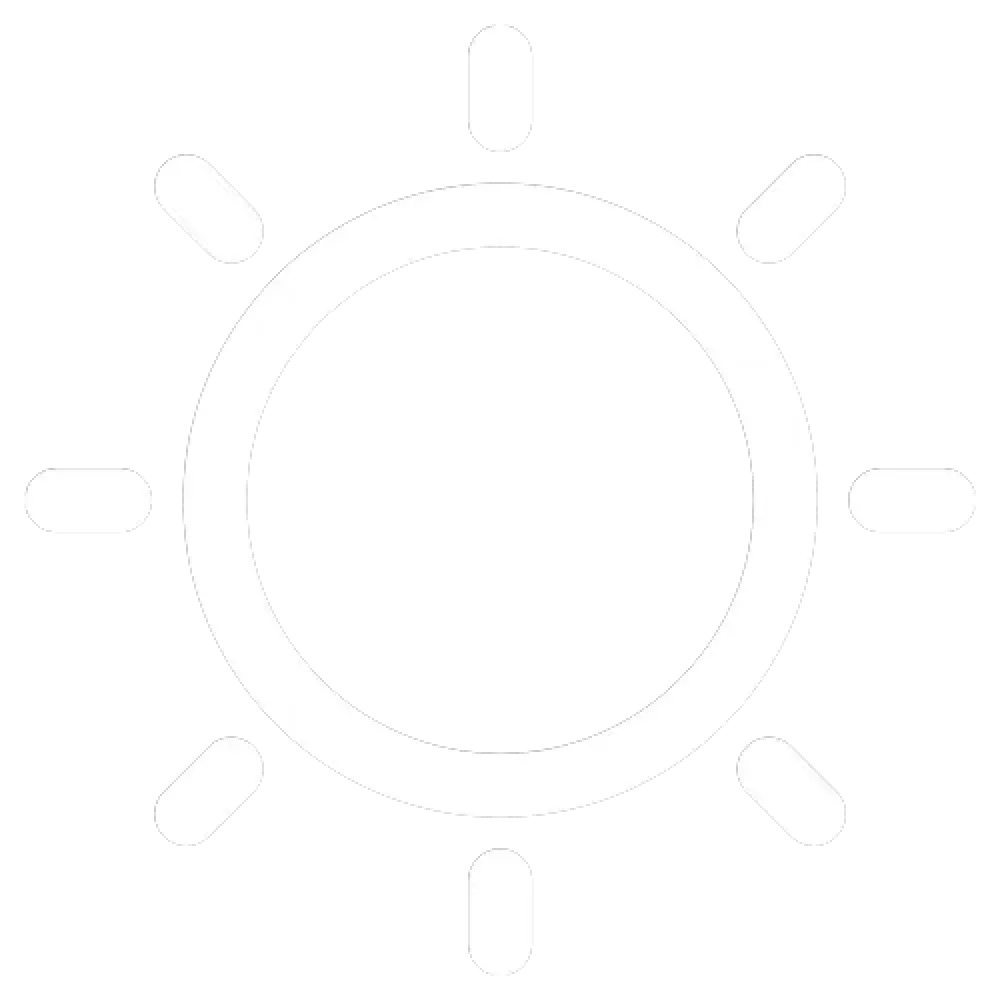 A simple white sun icon with rays on a transparent background.