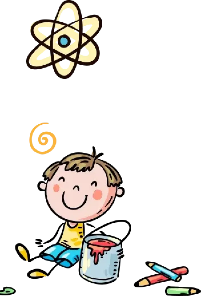 Smiling child sits painting, surrounded by art supplies, with an atom symbol above his head.