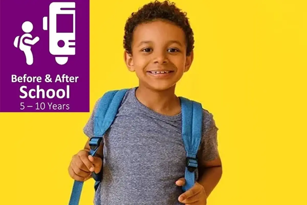Smiling young boy with backpack; Before After School 5-10 Years text and icon on left.