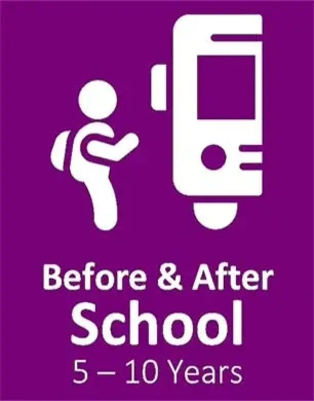 White icon of a child with a backpack by a school bus, text reads Before After School 5–10 Years.